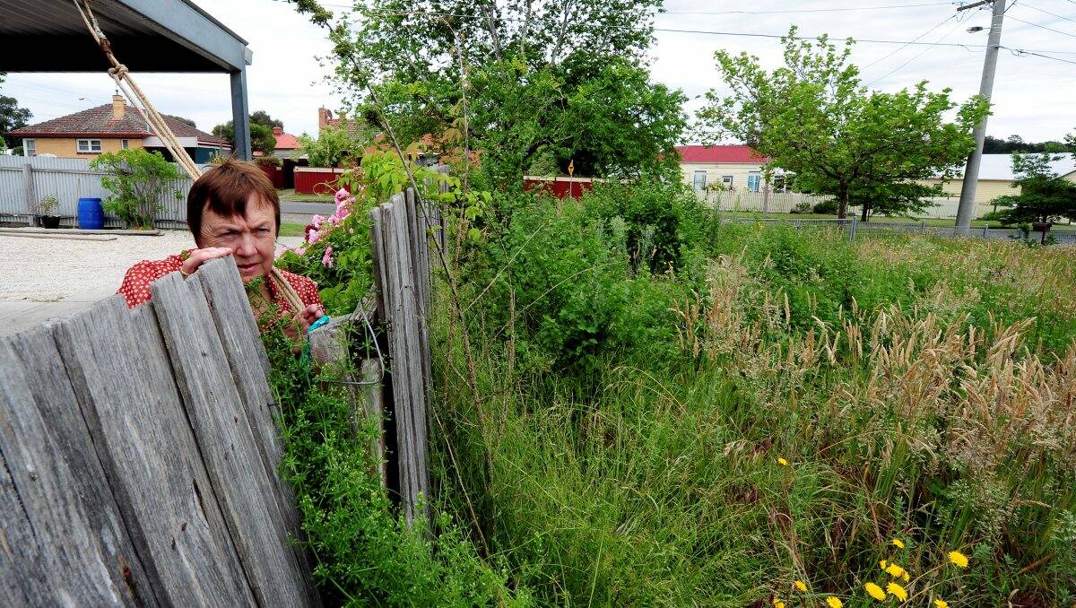 Overgrown: Brown Hill resident Kathleen Morris has been concerned about the overgrown vacant block next to her Thompson Street property for more than a decade. PICTURE: JEREMY BANNISTER