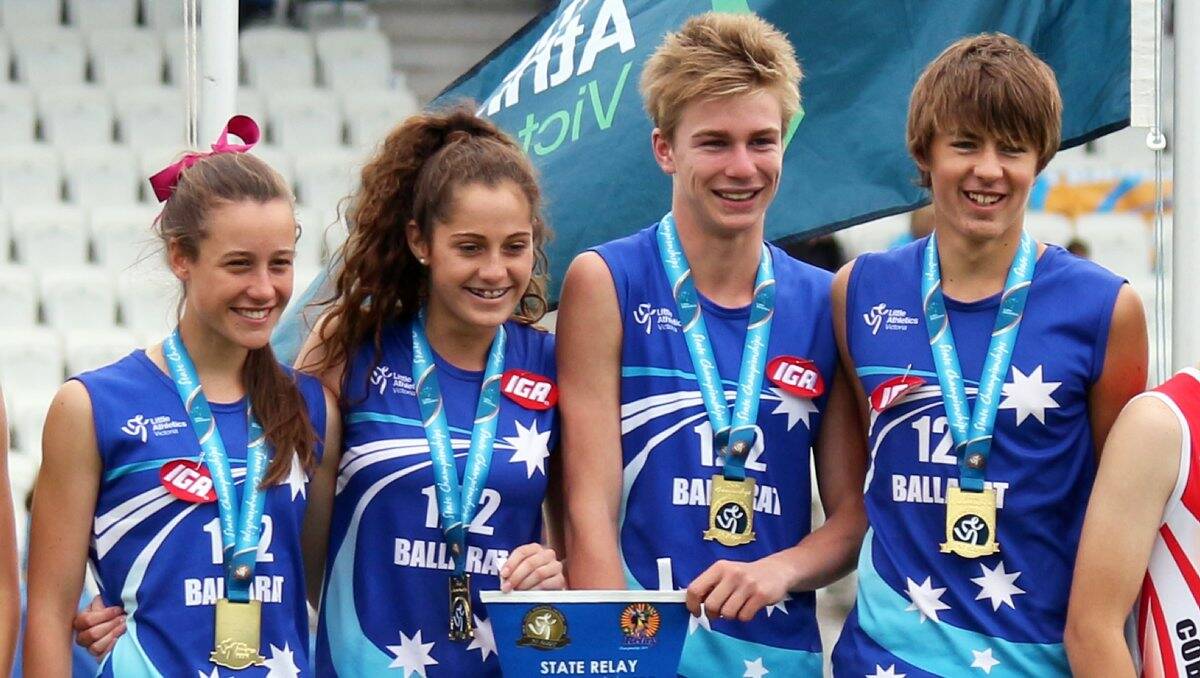 Success: The under-15 mixed relay team, from left, Cleo Anderson, Grace O’Dwyer, Harry Lamb and Bailey Squire won gold and silver at the state relay championships.