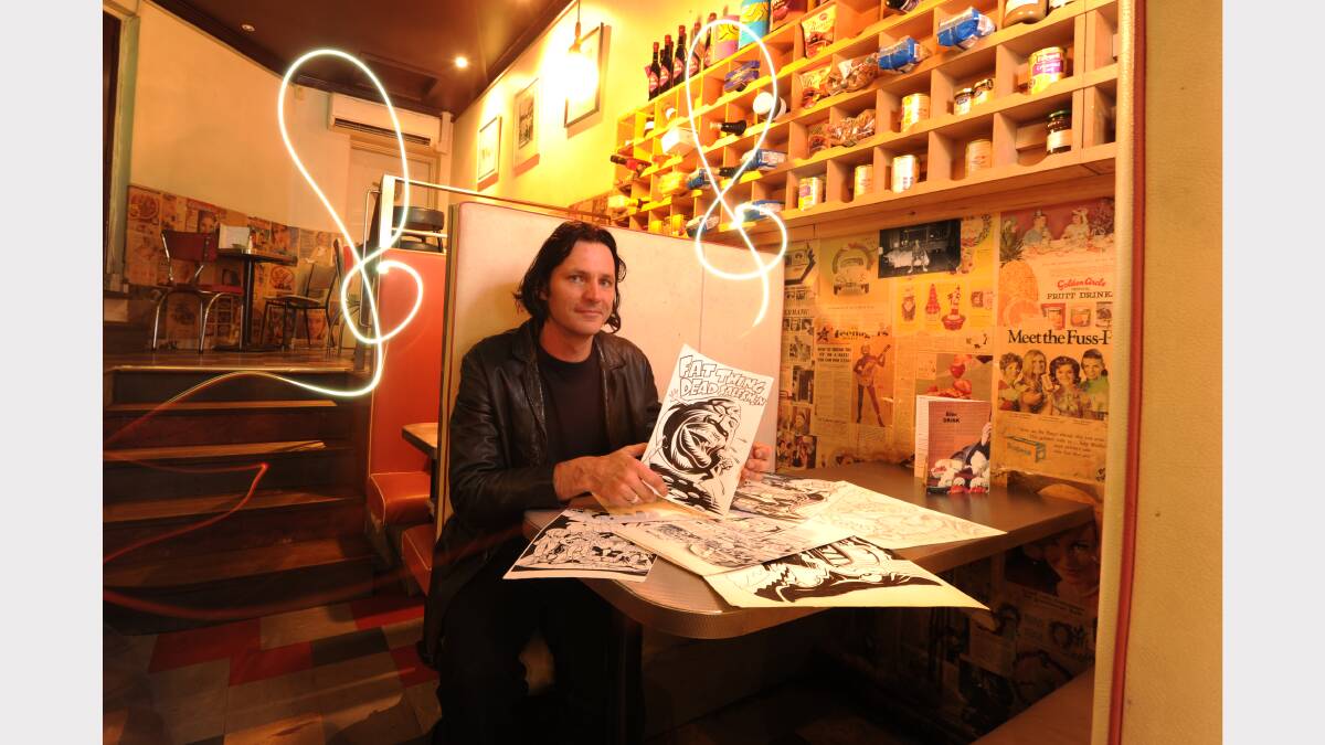 Dillon Naylor launching his book A Brush With Darkness documenting three decades of music-related cartoon and comic art 