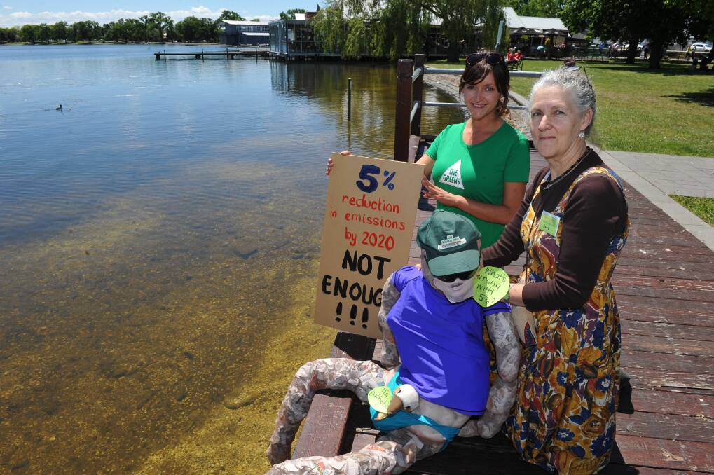 Organisers Steph Hodgins-May and Jane Marriott with the Tony Abbott effigy at Lake Wendouree today. PICTURE: Lachlan Bence