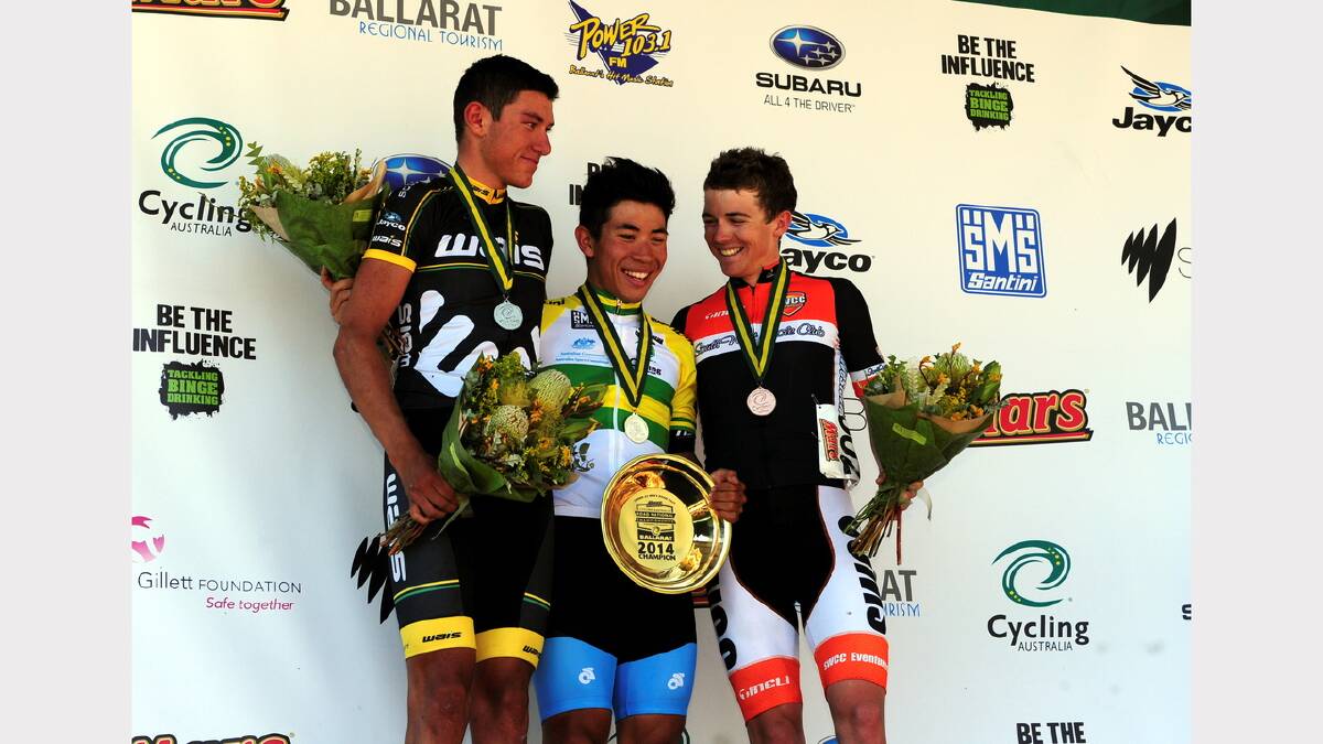  Winner, Caleb Ewan with Robert Power (2nd) and Bradley Linfield (3rd) PIC: JEREMY BANNISTER