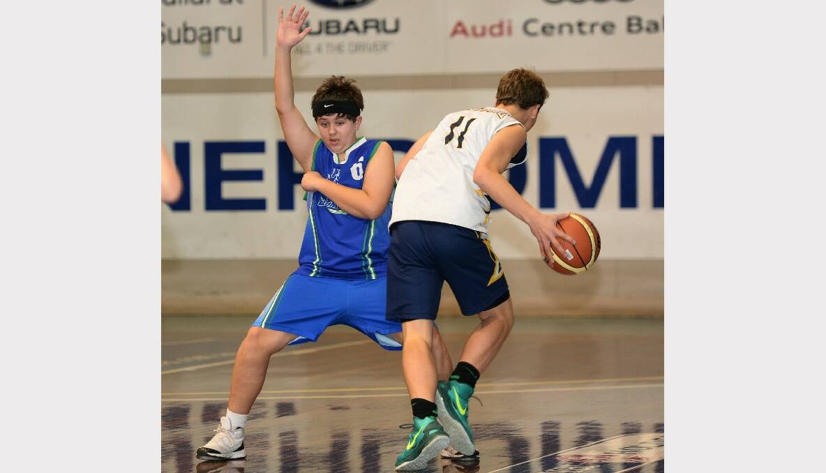 Junior Basketball Tournament: Under 14A boys - Ballarat Blue v Broadmeadows. Christian Neofotistos (Broadmeadows) and Kyle Mazzarella (Ballarat Blue). PICTURES: KATE HEALY 