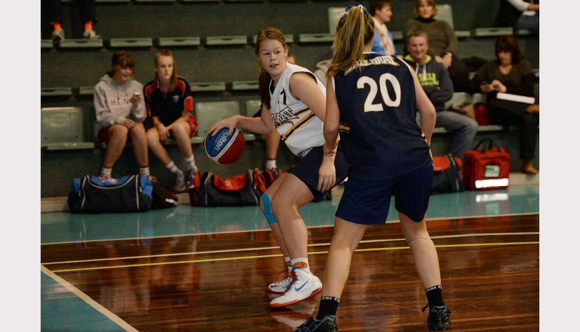 Junior Basketball Tournament. Under 16A girls - Ballarat Blue v Ballarat Gold. Izzy White (Gold) and Teagan Avery (Blue). PICTURES: KATE HEALY