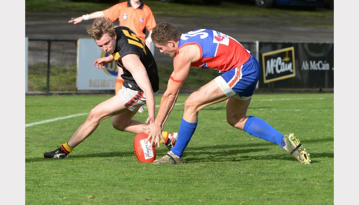 BFL- East Point v Bacchus Marsh. Coby Millar (BM) and Liam Rigby (EP). PHOTO: KATE HEALY