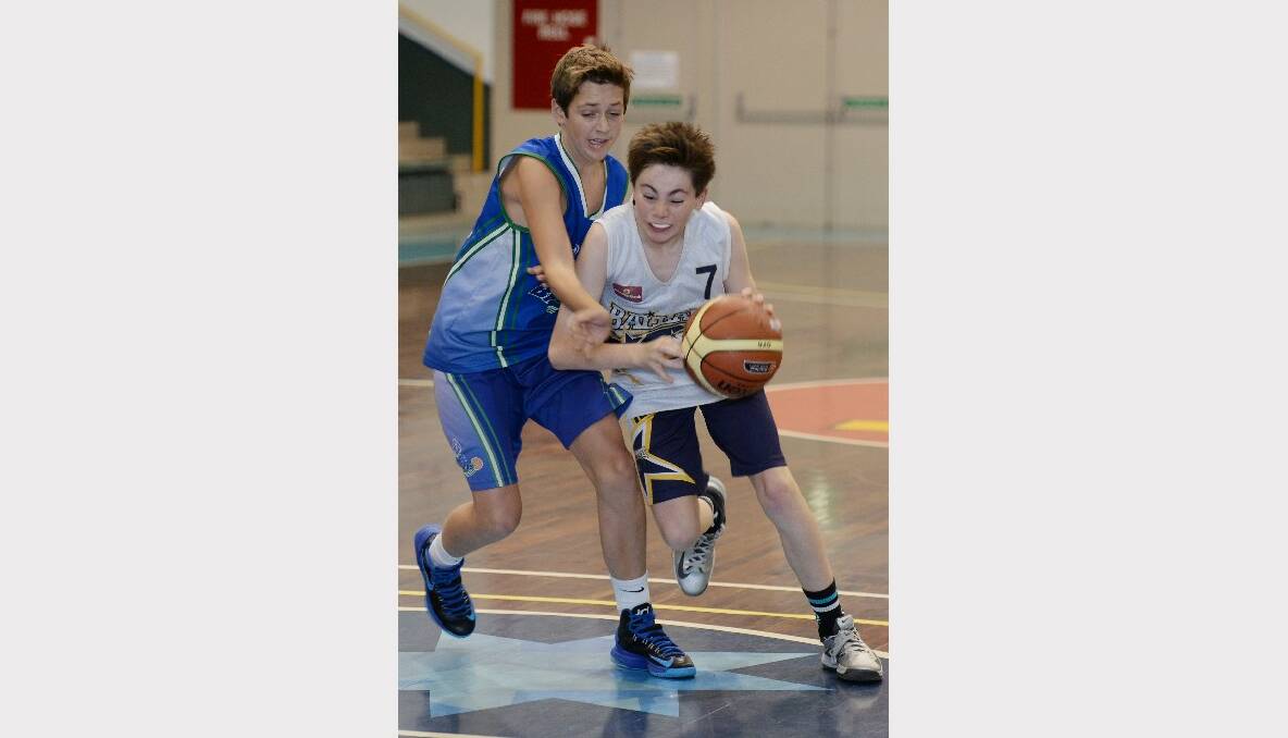 Junior Basketball Tournament: Under 14A boys - Ballarat Blue v Broadmeadows. Adam Davidson (Broadmeadows) and James Curran (Ballarat Blue). PICTURES: KATE HEALY 