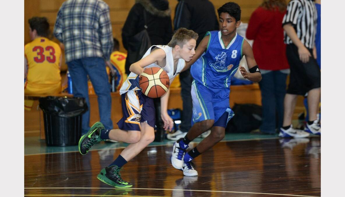 Junior Basketball Tournament: Under 14A boys - Ballarat Blue v Broadmeadows. Jarrod Curran (Ballarat Blue) and Shamal Balasooriya (Broadmeadows). PICTURES: KATE HEALY 