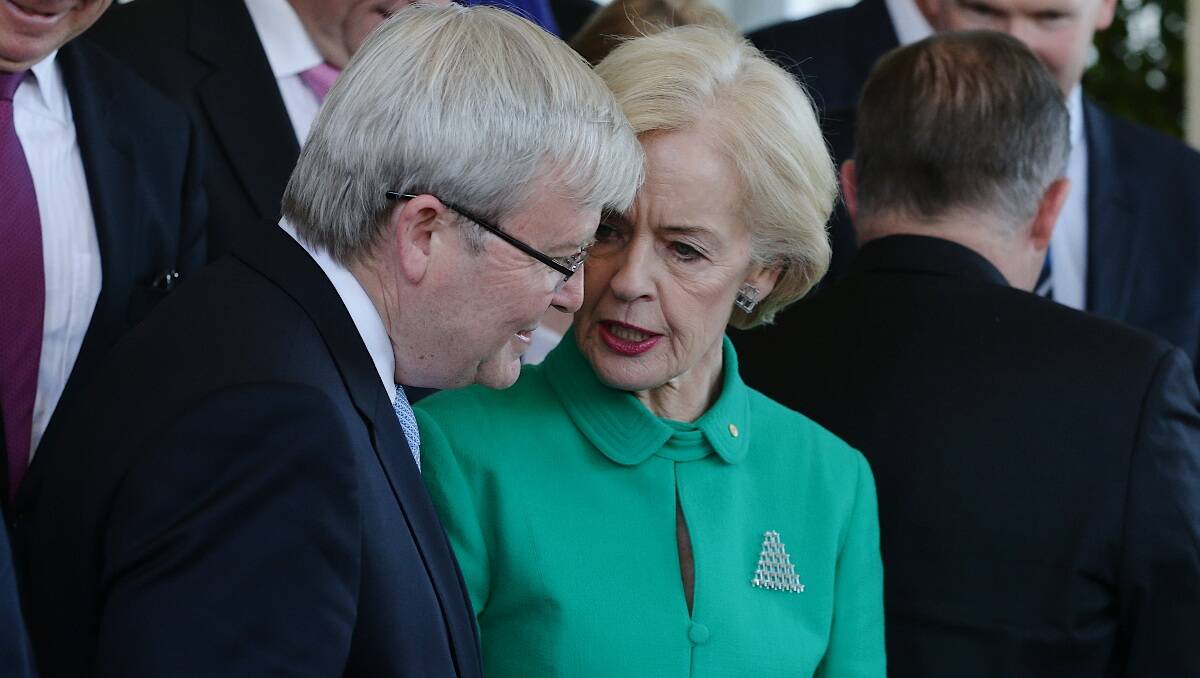 Prime Minister Kevin Rudd after the swearing-in ceremony at Government House with Governor-General Quentin Bryce, in Canberra on July 1, 2013. Picture: Alex Ellinghausen