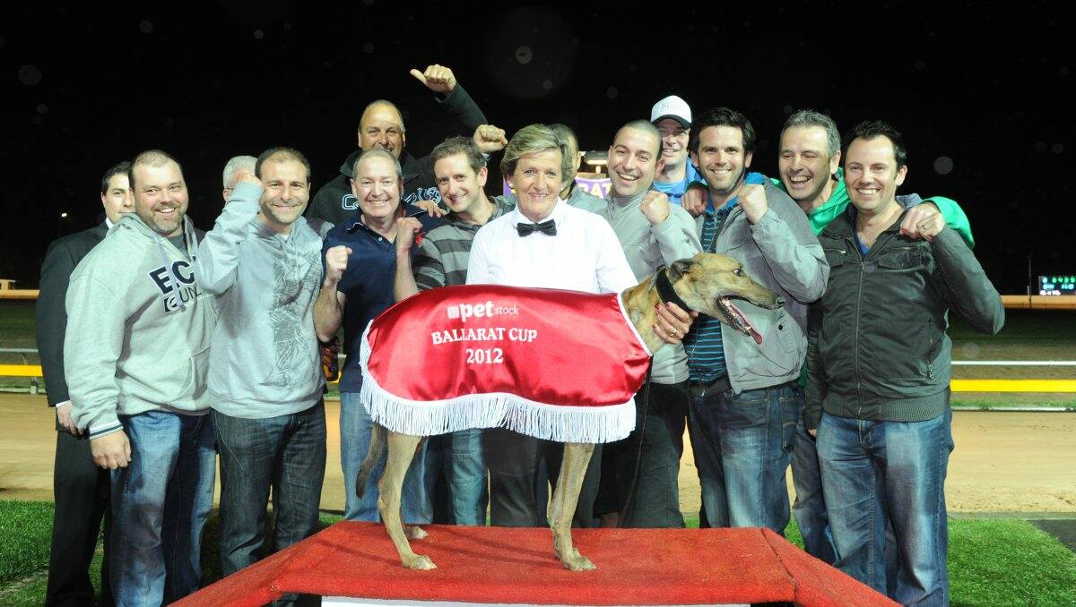Connections of Maverick Tiger celebrate the greyhound’s brilliant win in last night’s Ballarat Cup. Trained at Pearcedale by Kelvin Greenough, the dog raced away to win the group two event in front of a big crowd at Morshead Park.
