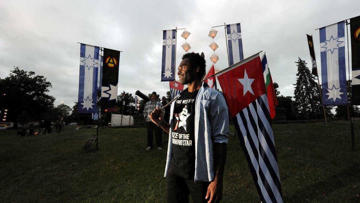 Ronny Kareni from the Rize of the Morning Star movement of West Papua at the dawn ceremony at the Eureka Stockade. PICTURE: JEREMY BANNISTER.