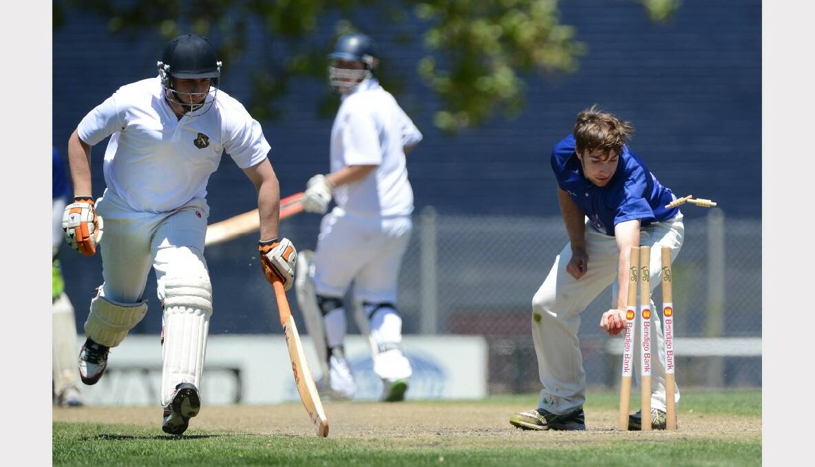 VCCL U21 KNOCK CUP - CENTRAL HIGHLANDS V BARWON at Eastern Oval. Liam Mottran - Central Highlands, makes it back just in time as Eamon Vines - Barwon takes the bails off. PICTURE: ADAM TRAFFORD.