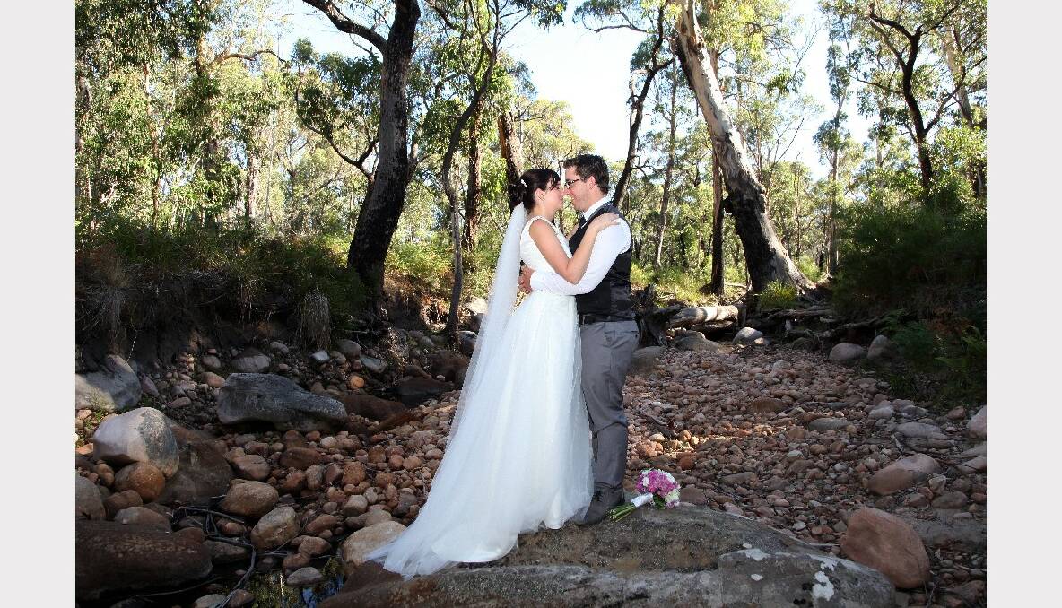 Claire Batchelor and Daniel Smith, married on March 2 at Lake Bellfield, Halls Gap. Attendants: James Gibson, Mathew Smith and Sophie Smith. The pair honeymooned at Fiji's Sonaisali Island Resort. Photo: Kerri Kingston Photography of Stawell.