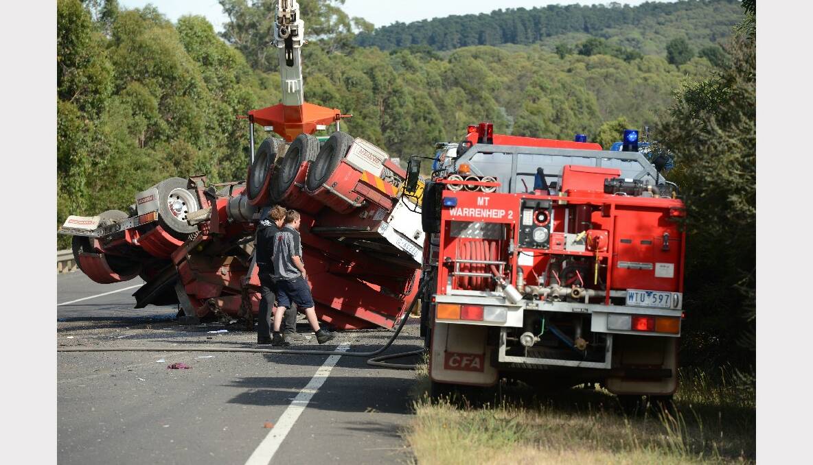 SCENE: A truck rolled this morning on the Western Freeway at Brown Hill. PICTURE: ADAM TRAFFORD.