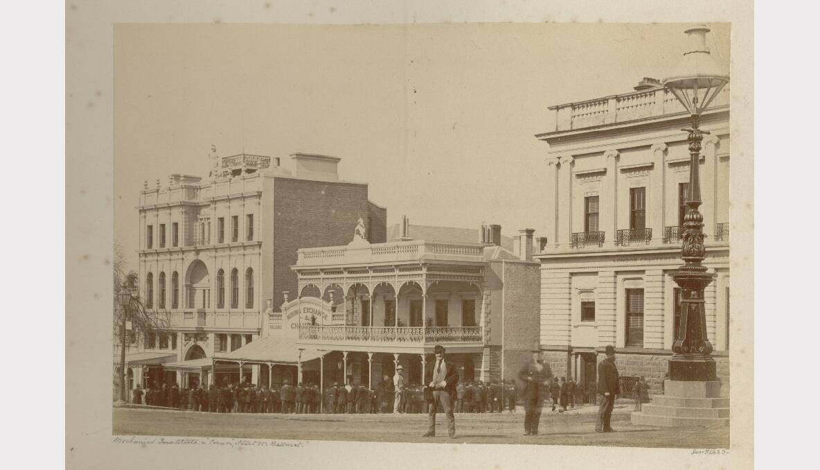 Ballarat Mechanic's Institute at the corner of the street. SOURCE: GOLD MUSEUM, SOVEREIGN HILL.