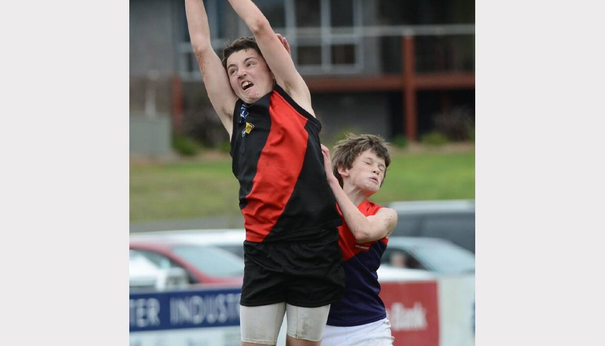 Jordan Purcell and Liam Hanrahan in the weekend's clash between Buninyong and Bungaree U/15s. PICTURE: ADAM TRAFFORD.