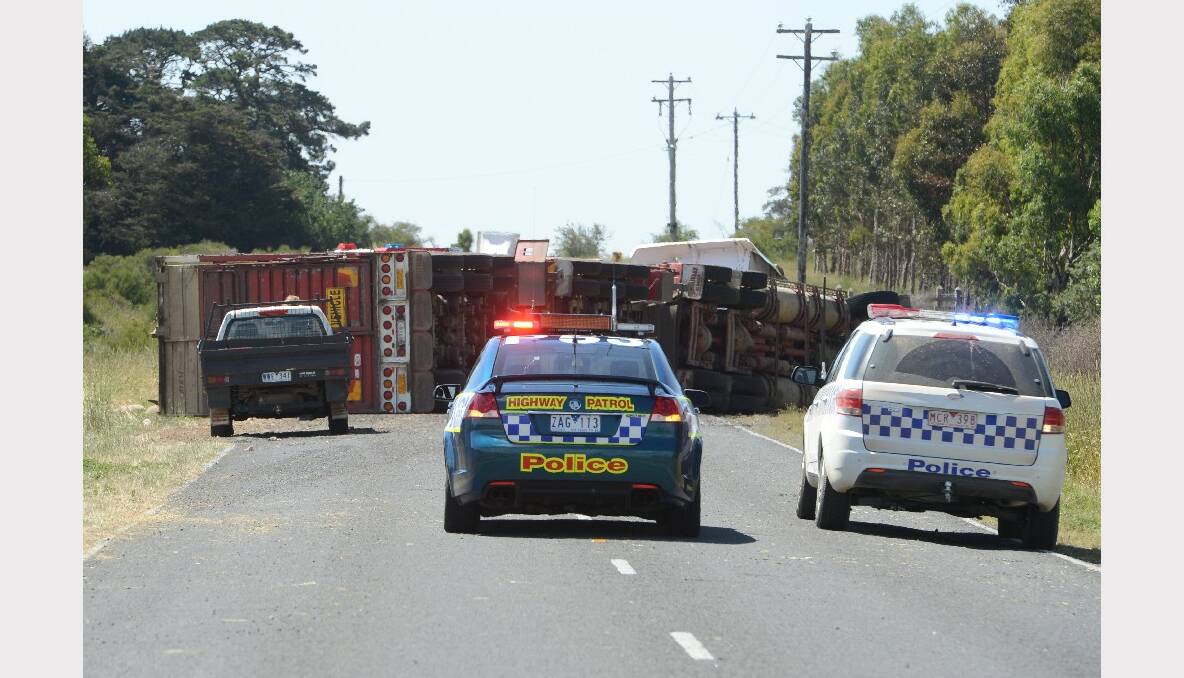 SCENE: The truck rollover on the Ballarat-Maryborough Road. PICTURE: KATE HEALY.