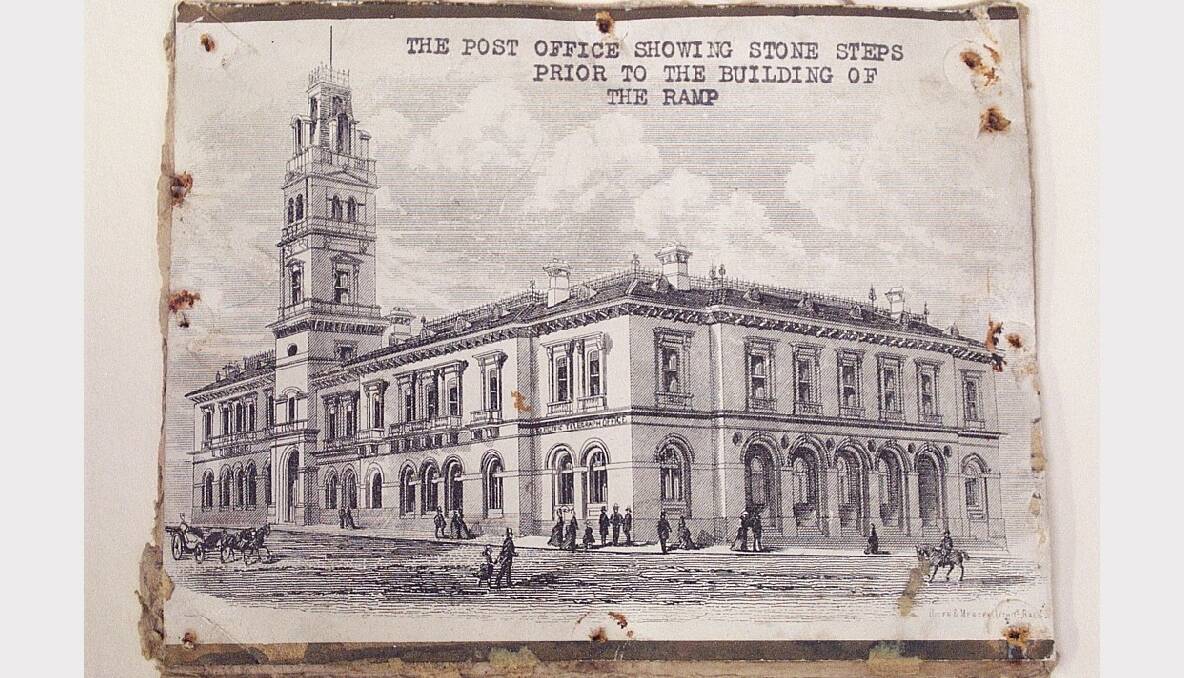 Engraving of the Post Office showing stone steps prior to the building of the ramp. SOURCE: THE BALLARAT HISTORICAL SOCIETY.