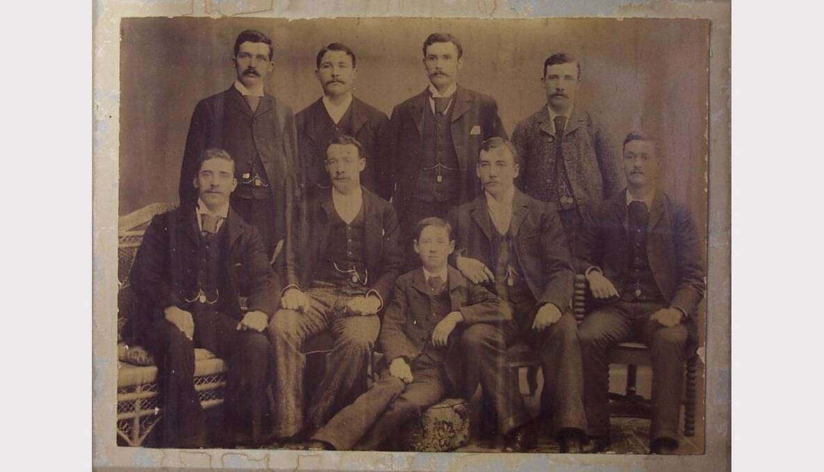 Wendouree Rowing Club's Champion Eight Of Victoria 1893 - 94". Back row: J. Blaikie (4), A. Dawson (3), J. Rogers (5), C. Donald (6). Front row: F. Clennel (2), J. Donald (str), W. Dawson (7), J. Maher (bow), A. McKenzie (cox).SOURCE: THE BALLARAT HISTORICAL SOCIETY.