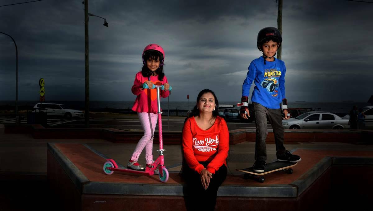 Newcastle's Hetal Anjariya with her children Ania and Aum are proud Aussies. Picture: Marina Neil