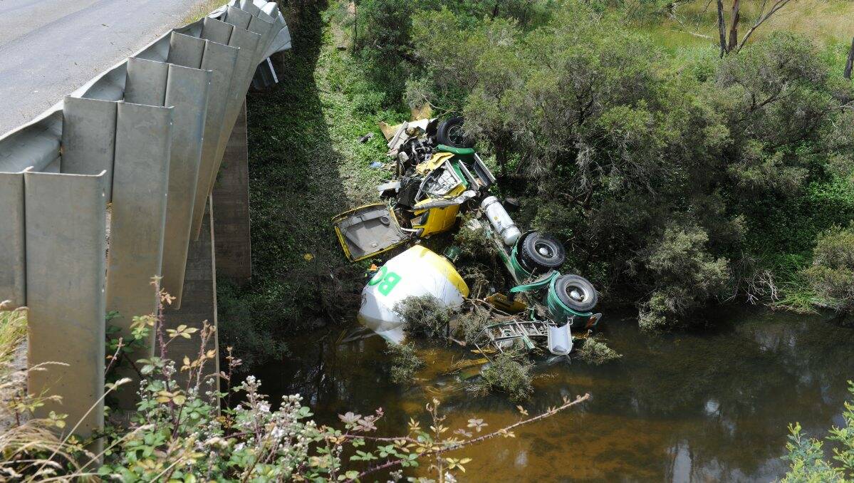 The cement mixer after it crashed into the river. PIC: Lachlan Bence