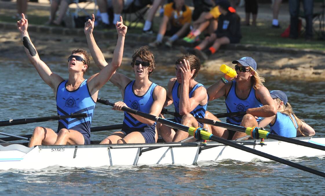 Ballarat High School celebrate their course record and win in the boys' Head of the Lake race. Pictures: Lachlan Bence