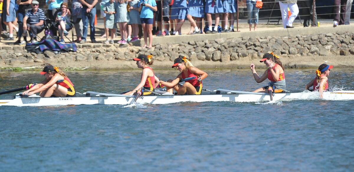 Clarendon College girls celebrate their win in the Head of the Lake girls' race. Pictures: Lachlan Bence