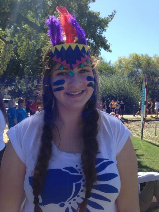 Ballarat Granmar's Evie Touzeau, wearing a American Indian head peace she made from Spotlight.