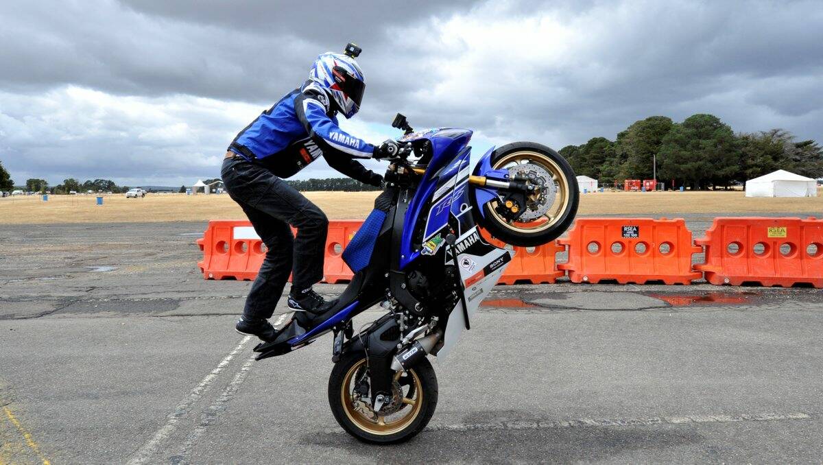 Ballarat boy Dave McKenna does what he does best on the stunt bike at Ballarat Swap Meet. Picture: Jeremy Bannister