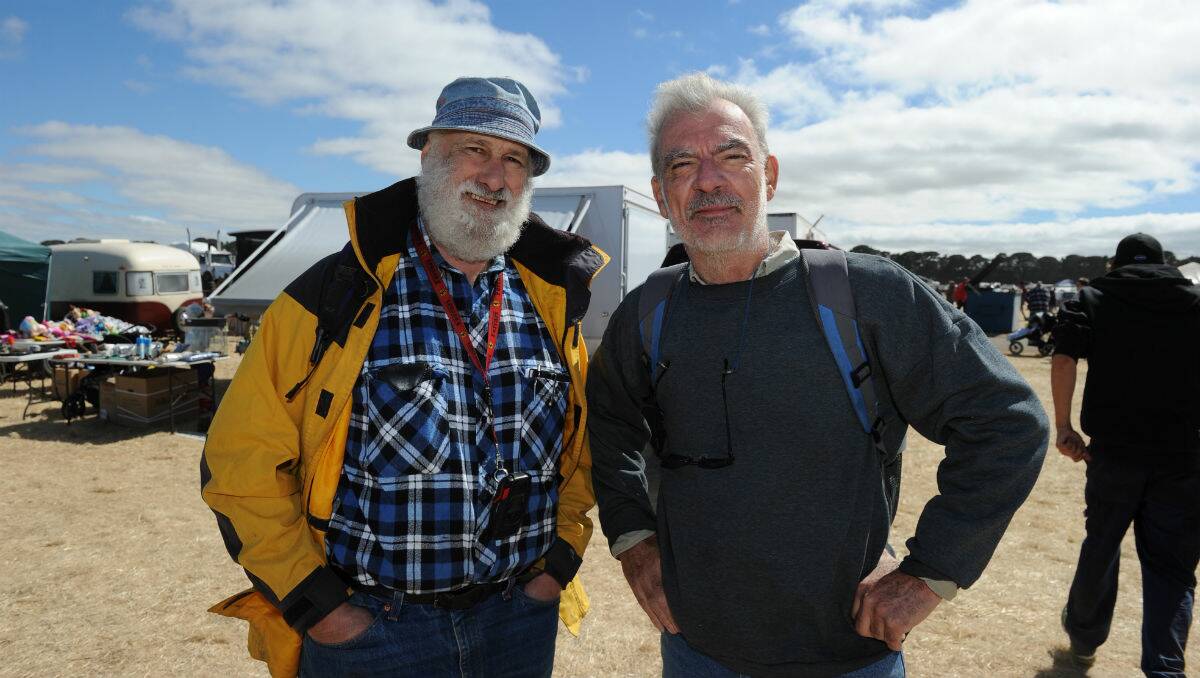 Peter Kerr and Peter Sherlock at the Ballarat Swap Meet on Saturday. PICTURE: JUSTIN WHITELOCK