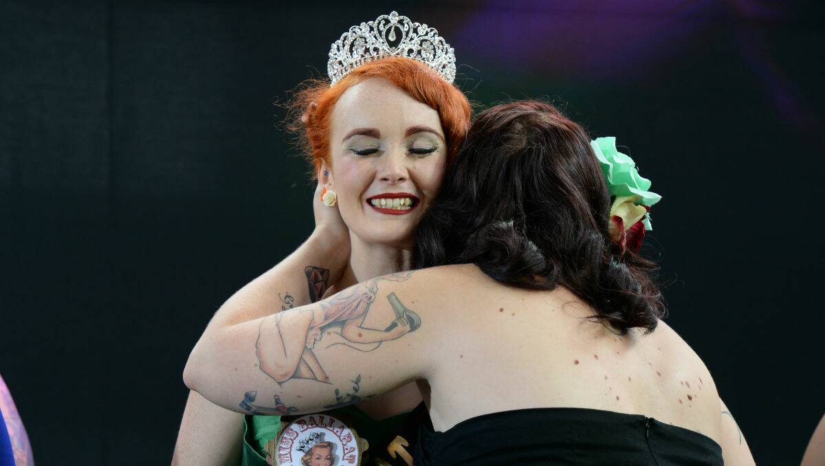 Winner Miss Ivy Fox being congratulated by MC Ruby Rabbit. PICTURE: KATE HEALY