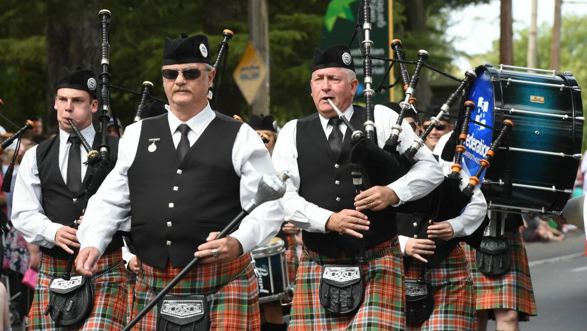 The Federation University Pipe Band at The Courier Begonia Parade. PICTURE: JEREMY BANNISTER