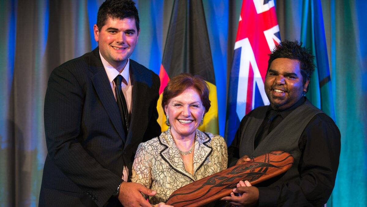  Valmai Heap’s grandsons Carey Heap and Shirahan Brown with Local Government Minister Jeanette Powell at the ceremony.