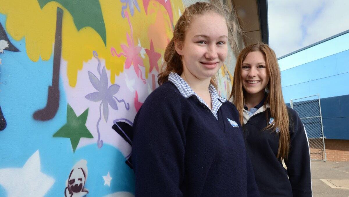 Ballarat Secondary College students Georgia Baron, 13, and Hollie Tanti,15, near the mural they helped create after receiving a National Youth Week grant. 