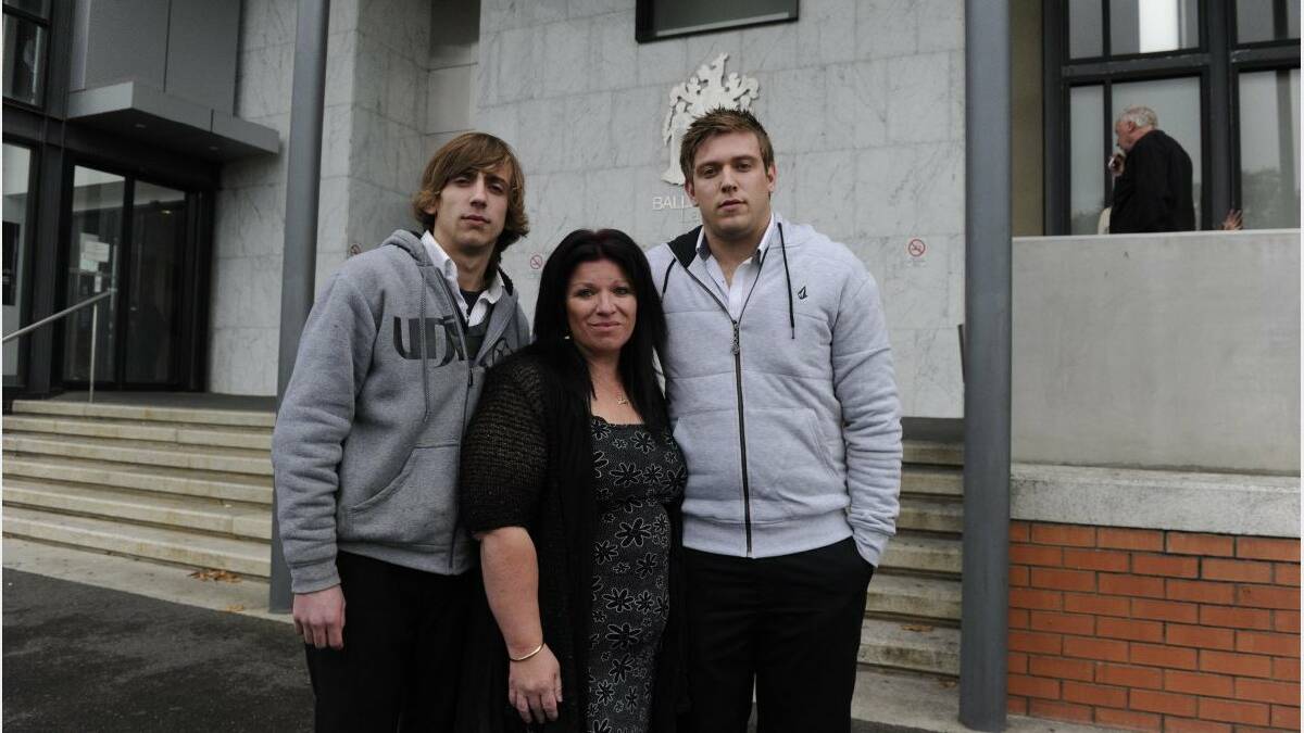 Zac and Beau Wilson, Joanne Van Gaans at the Ballarat courts after the sentencing of Anthony Lee Solomano who was driving the car when Joanne's son, Kiefer Wilson, died in 2011.  PHOTOGRAPHER: JUSTIN WHITELOCK