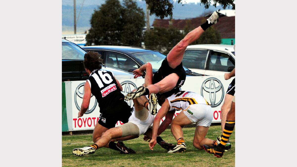 North Ballarat's Luke delaney takes a dive into the turf during the Roosters match against Box Hill Hawks at Eureka Stadium last weekend. PHOTOGRAPHER: JEREMY BANNISTER