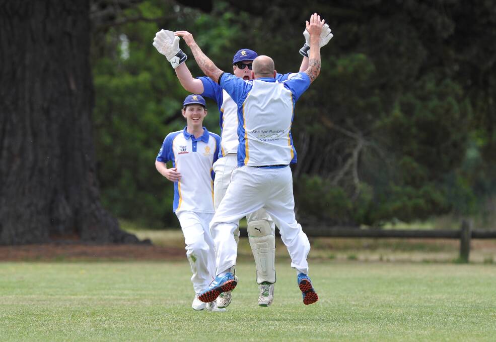 Reece Isbister and Josh Ryan celebrate a wicket for VRI Delacombe. Picture - Lachlan Bence.