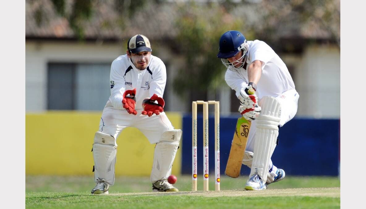 Ballarat Cricket Association club firsts clash between Wendouree and Mt Clear. Mount Clear wicketkeeper Matt Ward and Wendouree batsman Eamon Johnson. PICTURE: JUSTIN WHITELOCK.