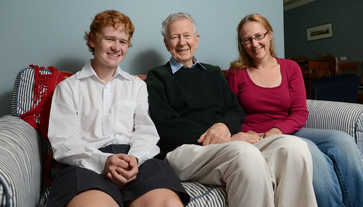 Family affair: Fergus McLaren (left) stars in the production One Boy's War as his great grandfather. He is pictured with his grandfather Ron Morgan and mother Mary-Rose McLaren, who authored the play. PICTURE: ADAM TRAFFORD 