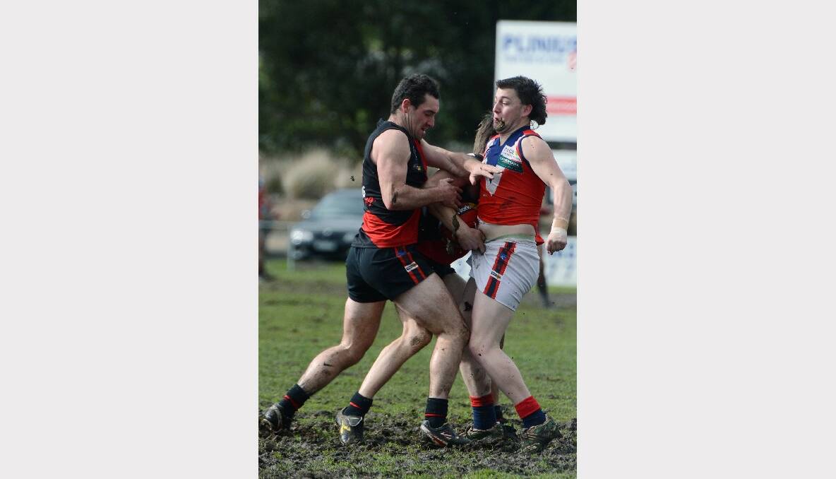 Buninyong's Adam Scott and Justin Orwin and Skipton's Corey Fothergill. PICTURE: KATE HEALY. 