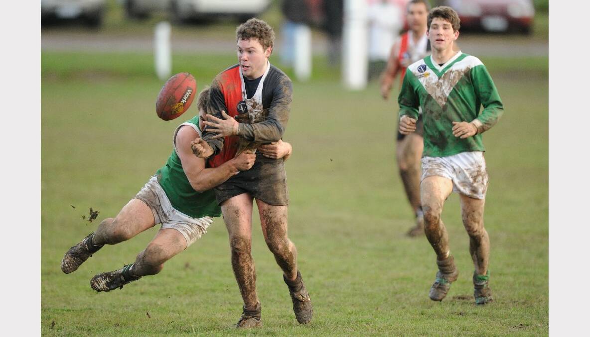 Pacian Netherway tackled by Tim Griffith in the Creswick versus Rokewood-Corindhap match. PICTURE: JUSTIN WHITELOCK.