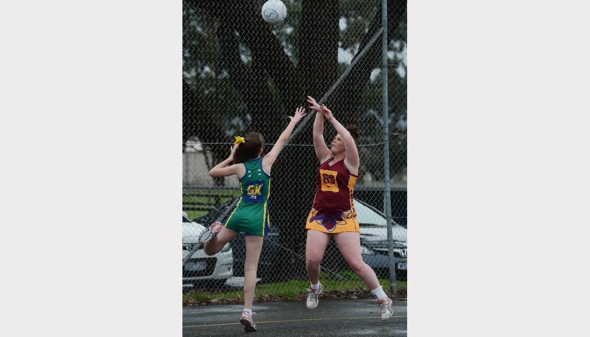 Lake Wendouree's Olivia Loader and Redan's Emma Swift in the U/14s match. PICTURE: KATE HEALY. 