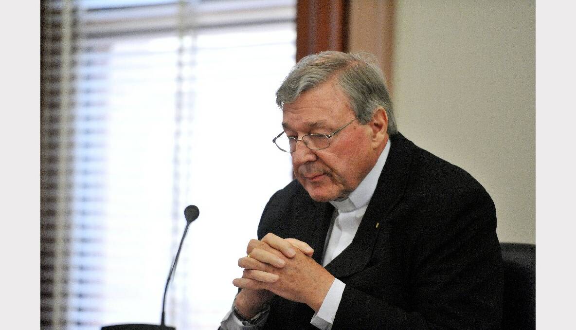 Cardinal George Pell gives evidence at the Victorian parliamentary inquiry into institutionalised child sex abuse. PICTURE: JOE ARMAO