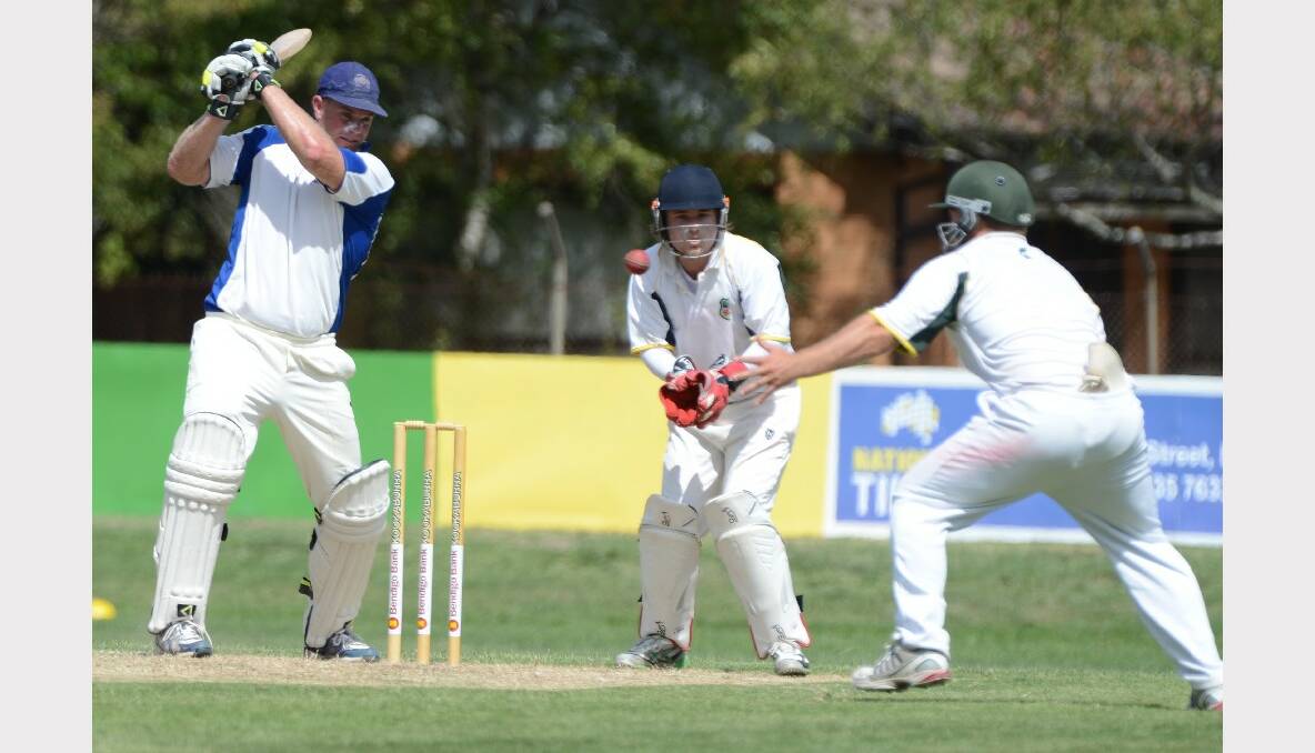 Ballarat Cricket Association club firsts semi final. Napoleons-Sebastopol v Darley. Matthew Cape (Darley), Jake Eyers and Tyler Dittloff (Naps-Sebas). PICTURE: KATE HEALY