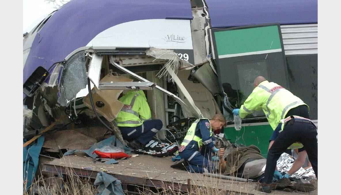 APRIL 28, 2006: Two people were killed and dozens were injured when a V/Line train travelling from Ararat to Melbourne derailed after hitting a B-double truck at Trawalla. 