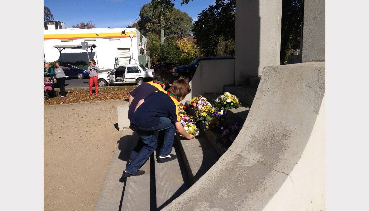 School children laying wreaths at the Beaufort Anzac Day service. PICTURE: PATRICK BYRNE