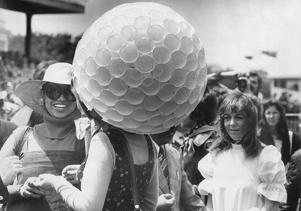 Penny Murray of South Melbourne wears a hat made from drink cups at the Melbourne Cup in 1974. Photo: Fairfax Archives