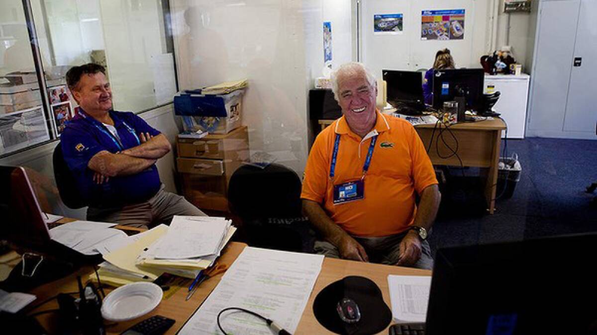 Chief of officials Wayne Spencer and umpire Brian Grace in the umpire's room at Melbourne Park. Photo: Paul Jeffers