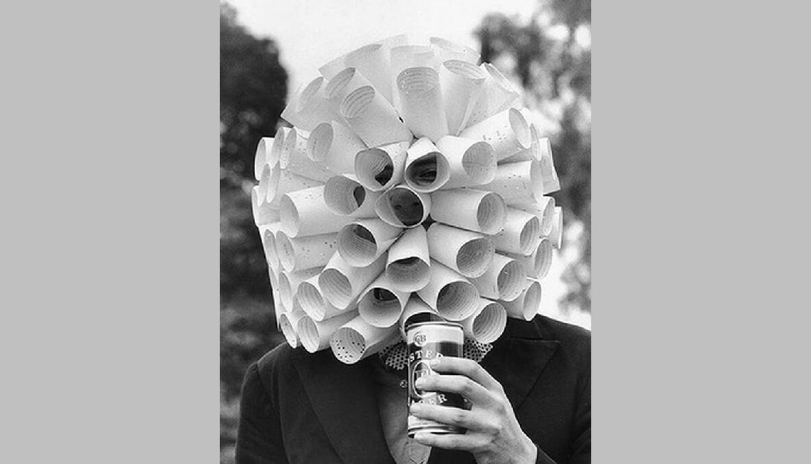 Peter Schauble of Parkville with a hat made out of computer tickets at the Melbourne Cup, 1979. Photo: John Lamb