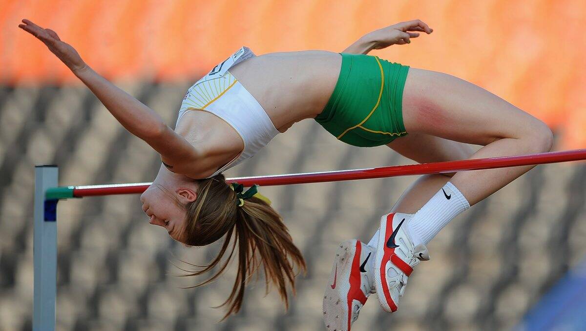 Eleanor Patterson of Australia jumps as she wins gold in the Girls High Jump Final during Day 3 of the IAAF World Youth Championships in 2013.