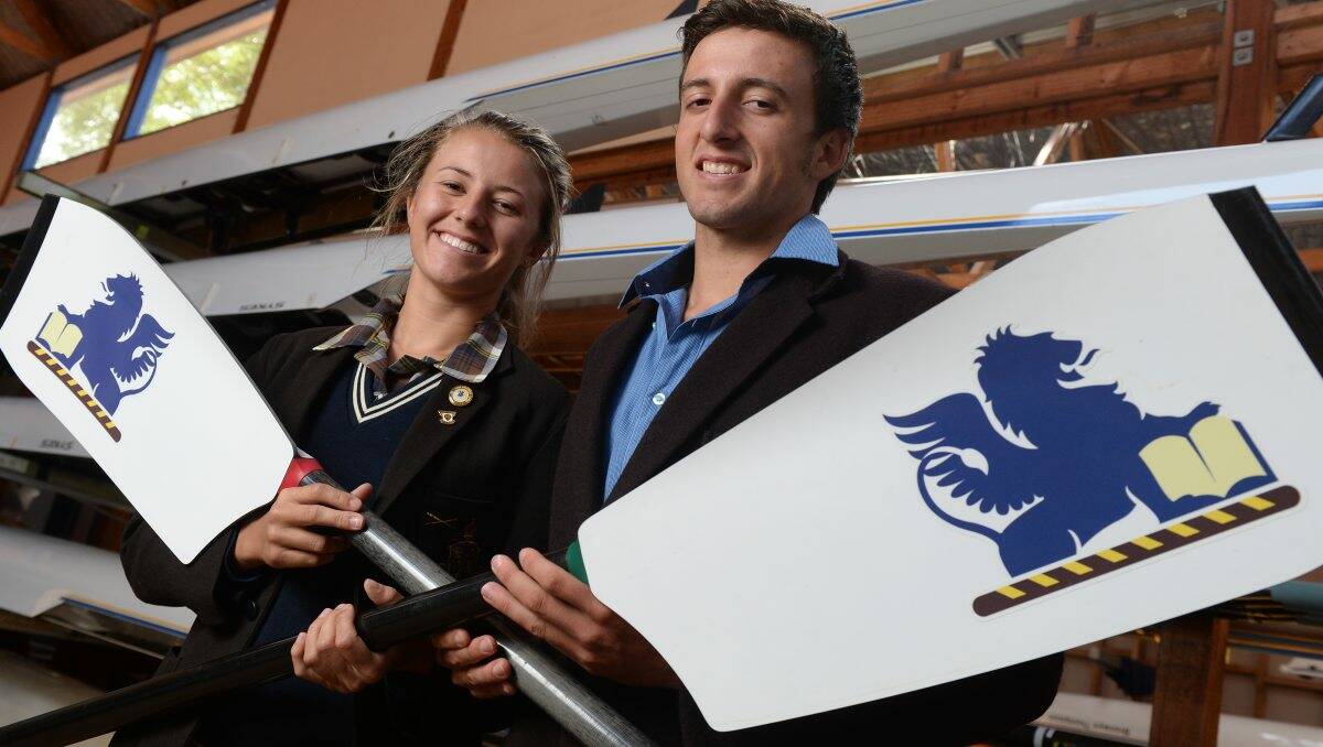 Ballarat Grammar rowing senior captains Stephanie McMullin and Geoff Creber are all smiles ahead of today’s Head of Lake title defence.