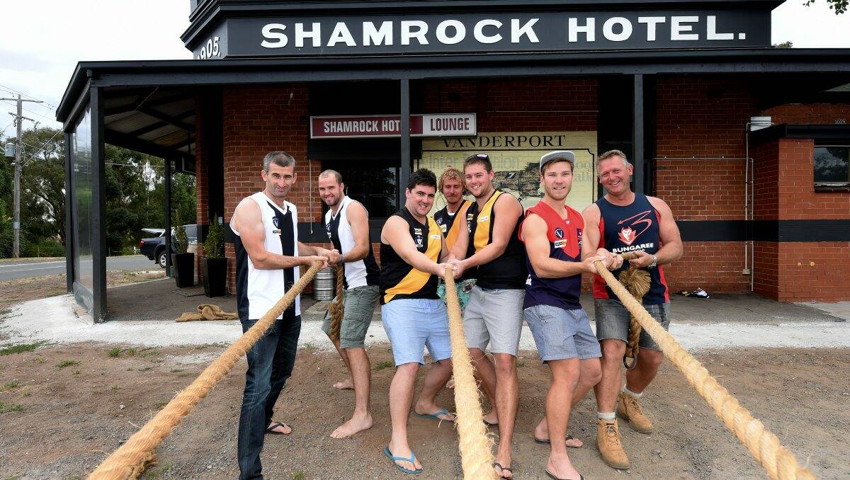 Tim Leonard and Jaye Cahir of Dunnstown, Damian Quinlan, Paul Burvill and Adam Murphy of Springbank and Joel and Andrew Mahar of Bungaree will celebrate St Patrick’s Day at the Shamrock Hotel this year.